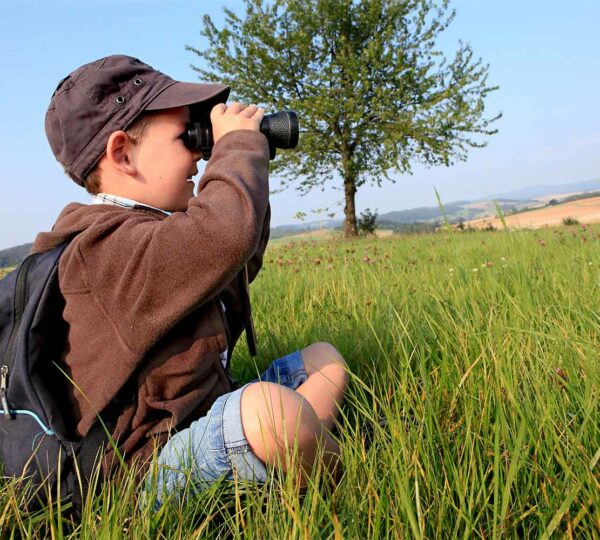 Ein kleiner Wandersmann sitzt im Gras und beobachtet die Landschaft mit dem Fernglas.